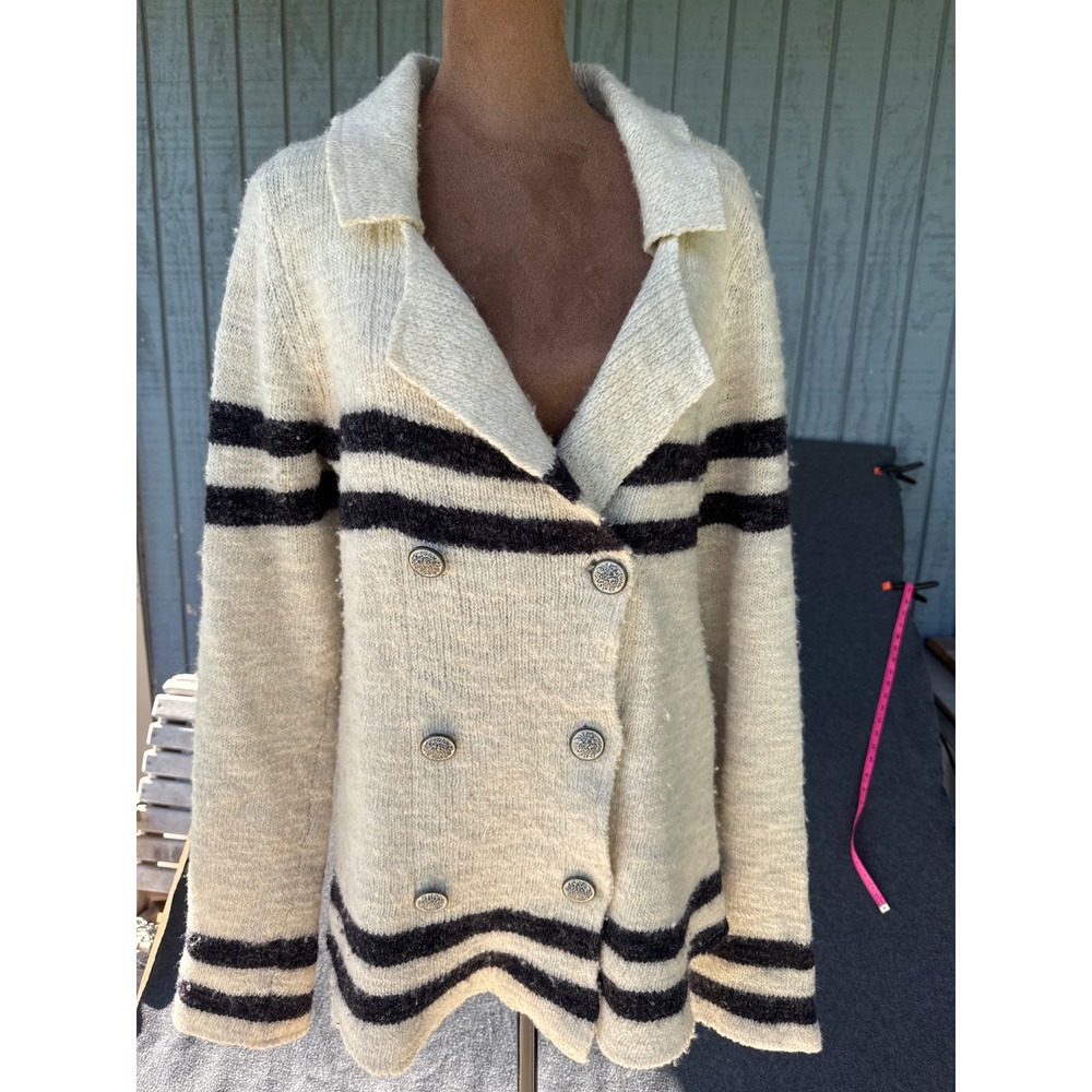 Free People Wool Linen Striped Double Breasted Cardigan Sweater Cream Black